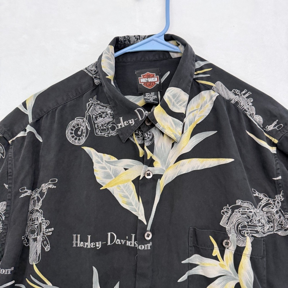 Harley Davidson Hawaiian Shirt Mens XL Black Floral Silk Pocket Button Up - Picture 2 of 7